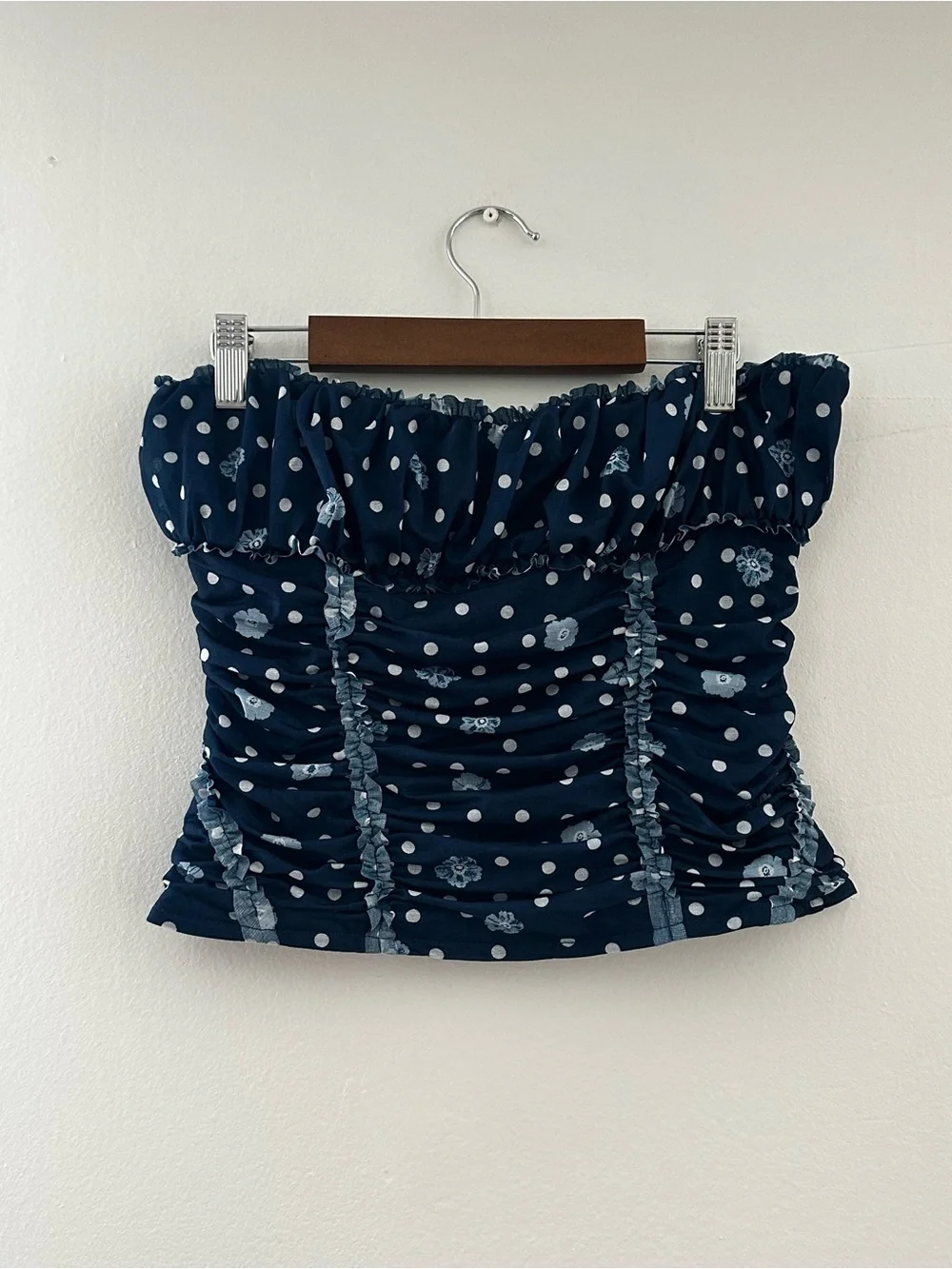 NWOT Free People Scottie Printed Cropped Shirred Mesh Navy Tube Top Smocked